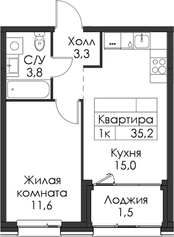 1-комнатная квартира 35.2 м², 2/8 эт., ЖК «Шкиперский 19»